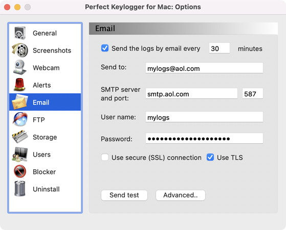 Perfect Keylogger for Mac Full - Email settings