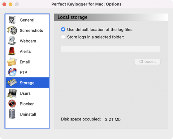 Perfect Keylogger for Mac Full - storage settings