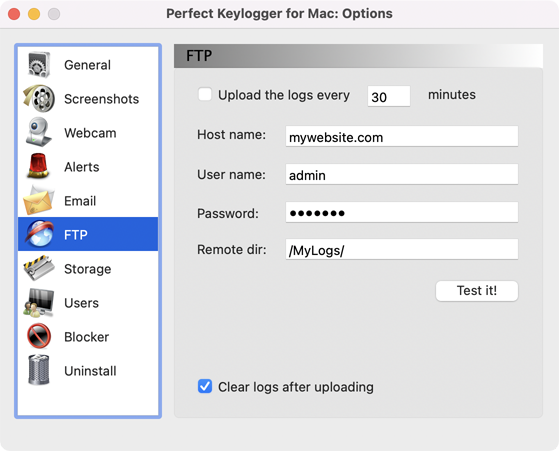 Perfect Keylogger for Mac Full - FTP settings