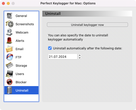 Perfect Keylogger for Mac Full - uninstall settings